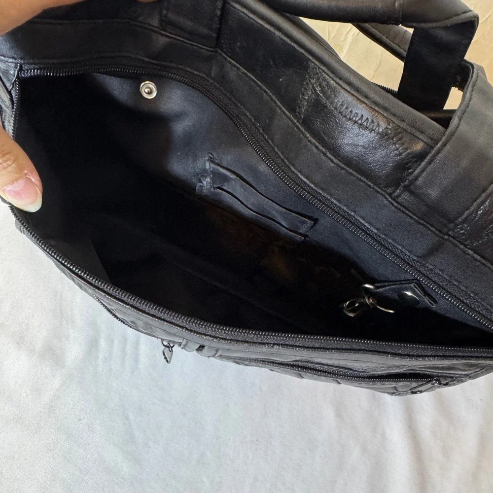 Patchwork Bonded Leather Briefcase Large Black Laptop Bag Professional